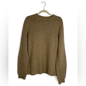 Men's Burberry London brown crewneck sweater with plaid elbow patches.